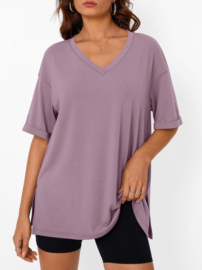 Trendy Queen Oversized Tshirts for Women Workout Plus Size Tops V Neck Short Sleeve Gym Shirts Casual Loose Fit Basic Tees - Image 2