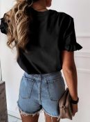 Women's Short Sleeve Casual T Shirts Summer Ruffle Plain Round Neck Loose Fit Tee Blouse Tops