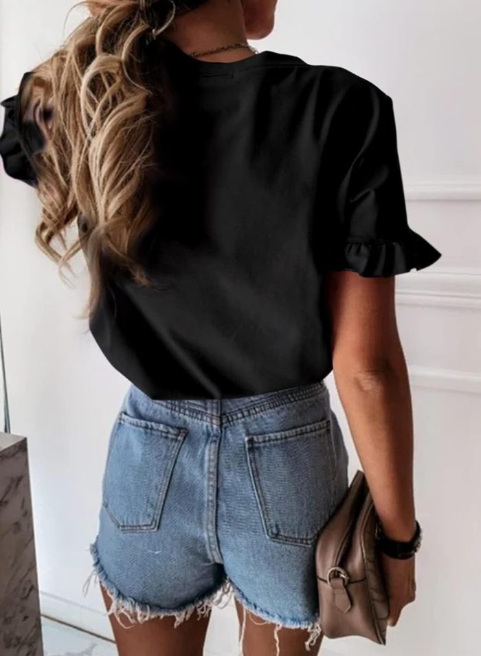 Women's Short Sleeve Casual T Shirts Summer Ruffle Plain Round Neck Loose Fit Tee Blouse Tops - Image 2