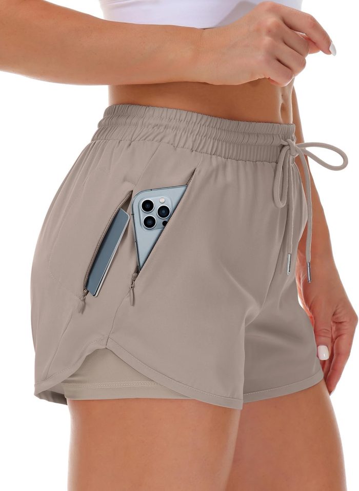 Women's Running Shorts with Liner 3 Zipper Pockets Elastic Workout Athletic Gym Yoga Shorts