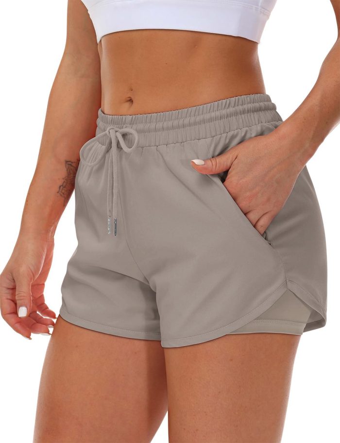 Women's Running Shorts with Liner 3 Zipper Pockets Elastic Workout Athletic Gym Yoga Shorts - Image 2