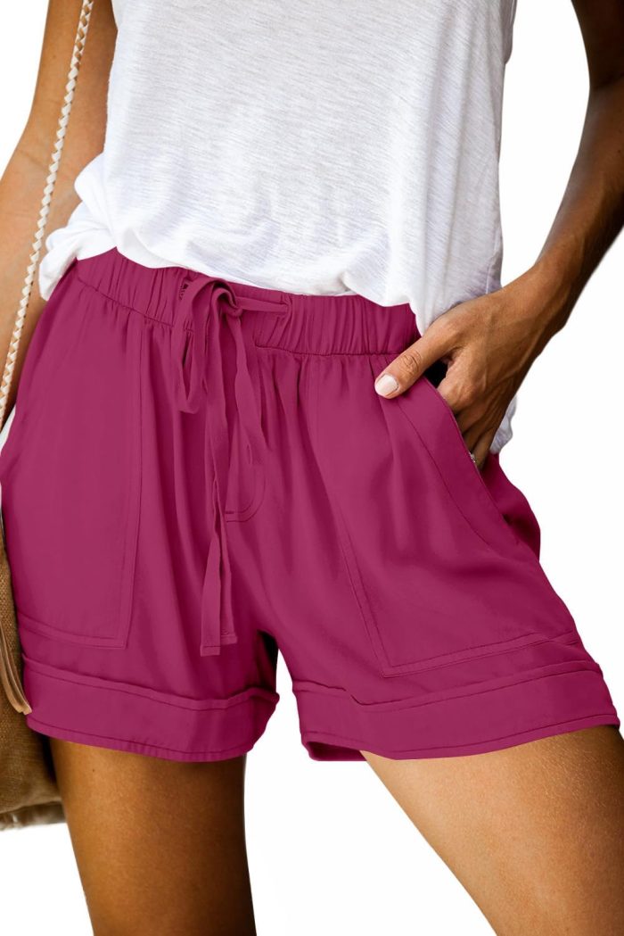 Womens Casual Shorts Comfy Elastic Waist Drawstring Pocket Shorts Pants