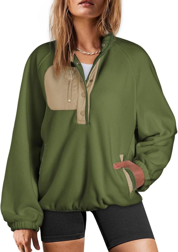 Sweatshirt for Women Oversized Fuzzy Fleece Jacket Color Block Button Long Sleeve Pullover Sherpa Sweatshirts Tops