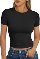 Womens Short Sleeve T Shirts Basic Summer 2025 Workout Tops Crew Neck Gym Crop Tops Trendy Y2K Clothes