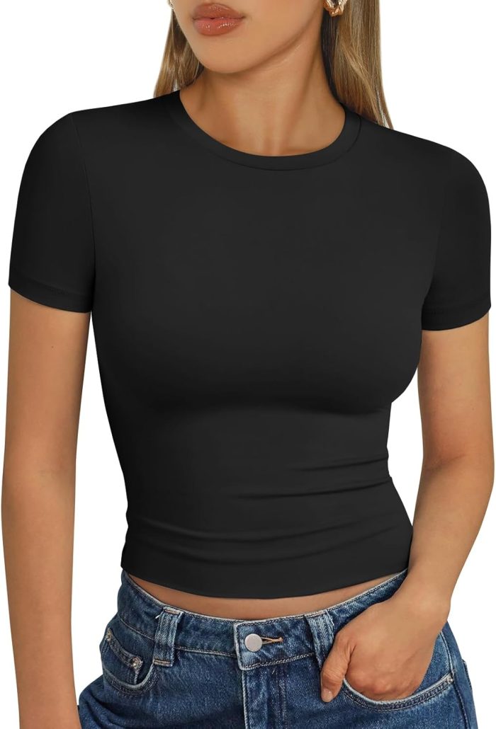 Womens Short Sleeve T Shirts Basic Summer 2025 Workout Tops Crew Neck Gym Crop Tops Trendy Y2K Clothes