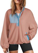 Sweatshirt for Women Oversized Fuzzy Fleece Jacket Color Block Button Long Sleeve Pullover Sherpa Sweatshirts Tops