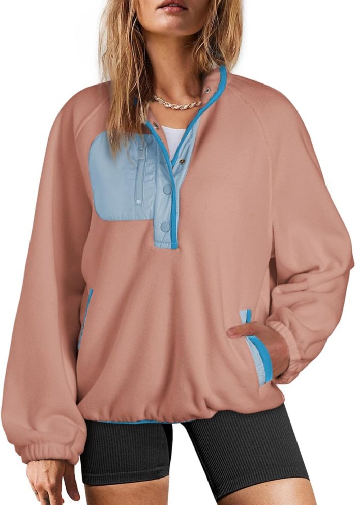 Sweatshirt for Women Oversized Fuzzy Fleece Jacket Color Block Button Long Sleeve Pullover Sherpa Sweatshirts Tops