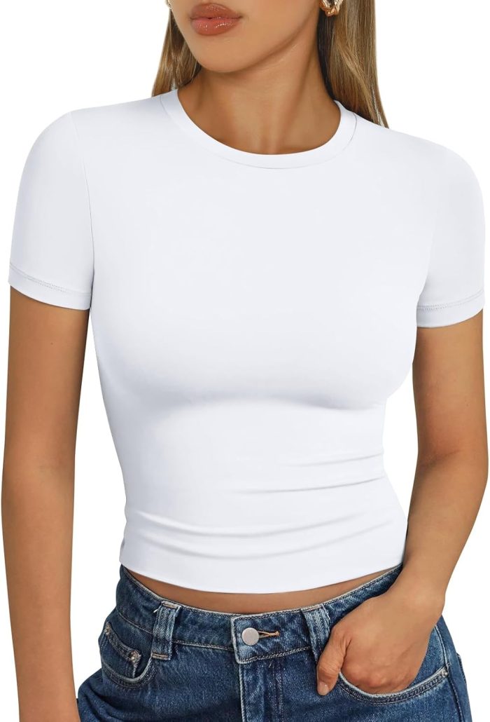 Womens Short Sleeve T Shirts Basic Summer 2025 Workout Tops Crew Neck Gym Crop Tops Trendy Y2K Clothes