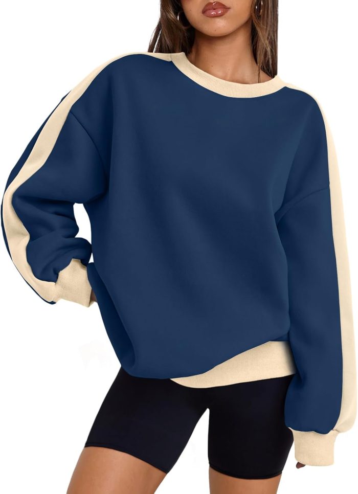 Womens Oversized Sweatshirts Crewneck Hoodies Color Block Long Sleeve Pullover Fall Cute Top Fleece Clothes
