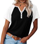 Womens V Neck Basic Tops Color Block Tunic T Shirts Summer Short Sleeve Casual Cotton Tees Shirts