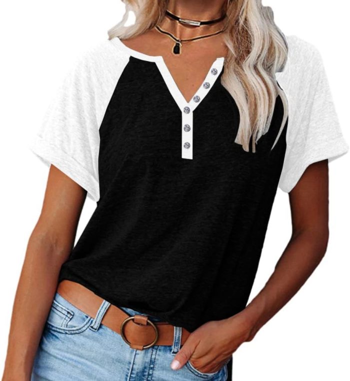 Womens V Neck Basic Tops Color Block Tunic T Shirts Summer Short Sleeve Casual Cotton Tees Shirts