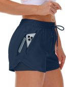 Women's Running Shorts with Liner 3 Zipper Pockets Elastic Workout Athletic Gym Yoga Shorts