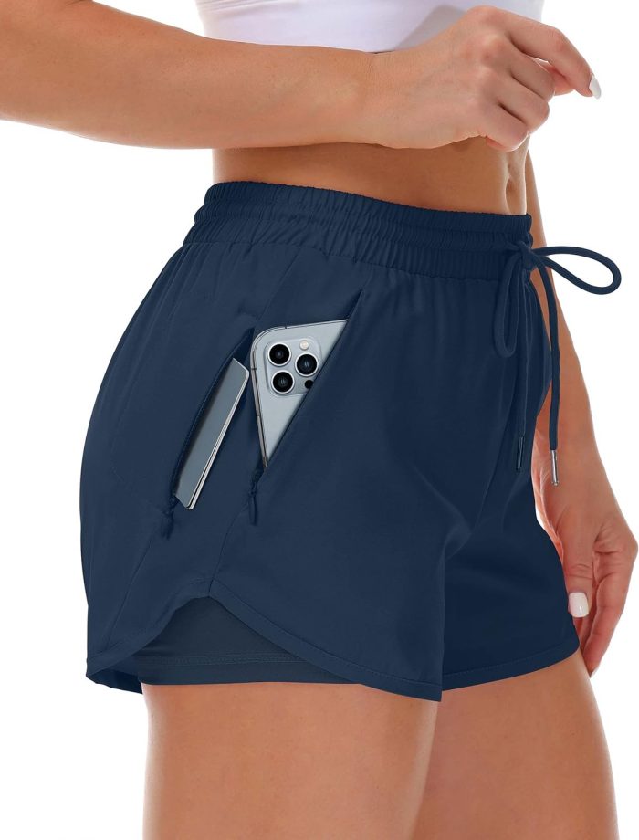 Women's Running Shorts with Liner 3 Zipper Pockets Elastic Workout Athletic Gym Yoga Shorts