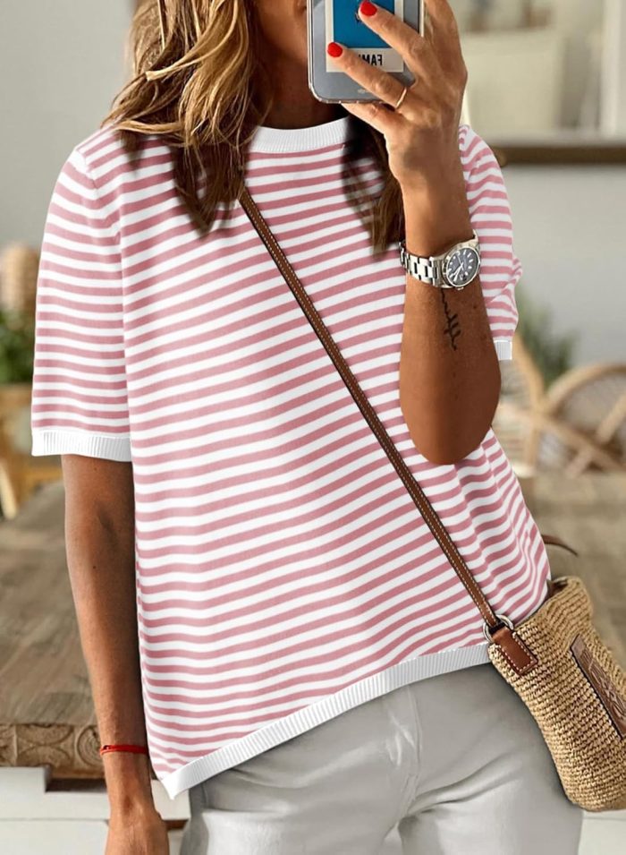 Womens Tops Casual Summer Crewneck Short Sleeve Striped Color Block Knit High Low Trendy Pullover Sweaters - Image 2