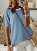 Womens Tops Casual Summer Crewneck Short Sleeve Striped Color Block Knit High Low Trendy Pullover Sweaters