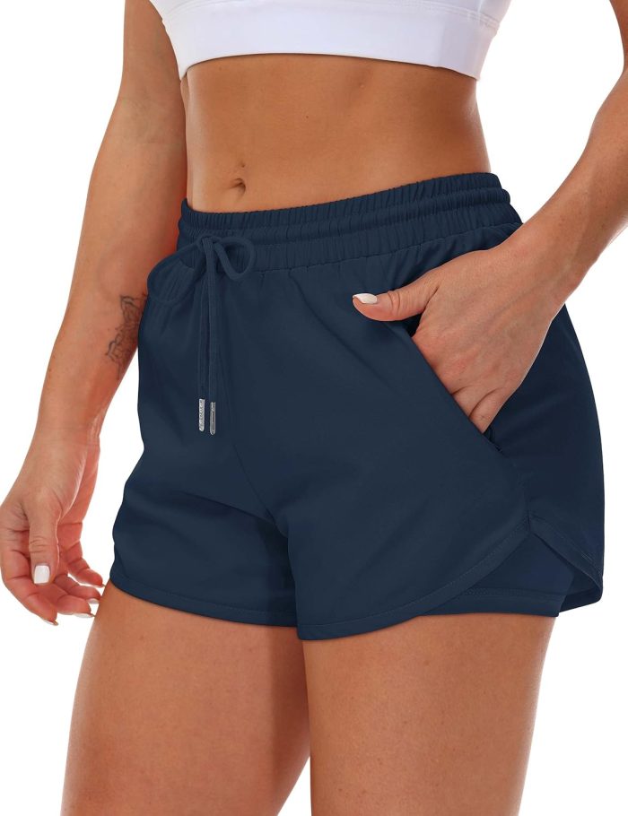 Women's Running Shorts with Liner 3 Zipper Pockets Elastic Workout Athletic Gym Yoga Shorts - Image 2