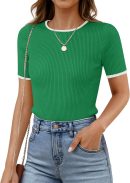 Women's Short Sleeve Crewneck T Shirt 2025 Summer Ribbed Knit Slim Fit Basic Solid Color Tee Tops