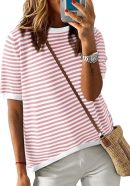 Womens Tops Casual Summer Crewneck Short Sleeve Striped Color Block Knit High Low Trendy Pullover Sweaters