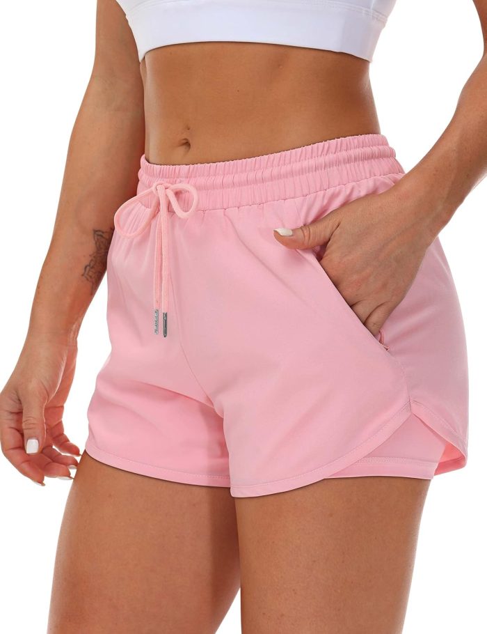 Women's Running Shorts with Liner 3 Zipper Pockets Elastic Workout Athletic Gym Yoga Shorts - Image 2
