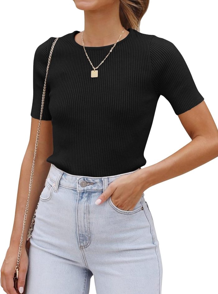 Women's Short Sleeve Crewneck T Shirt 2025 Summer Ribbed Knit Slim Fit Basic Solid Color Tee Tops