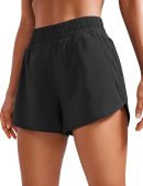 Womens High Waisted Running Shorts Mesh Liner 3'' Dolphin Quick Dry for Athletic Gym Track Workout with Zip Pocket
