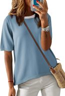 Womens Tops Casual Summer Crewneck Short Sleeve Striped Color Block Knit High Low Trendy Pullover Sweaters
