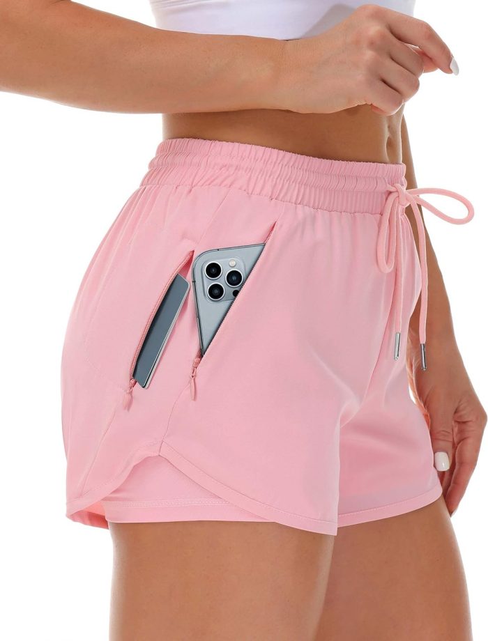 Women's Running Shorts with Liner 3 Zipper Pockets Elastic Workout Athletic Gym Yoga Shorts
