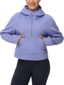 Womens' Hoodies Half Zip Long Sleeve Fleece Crop Pullover Sweatshirts with Pockets Thumb Hole