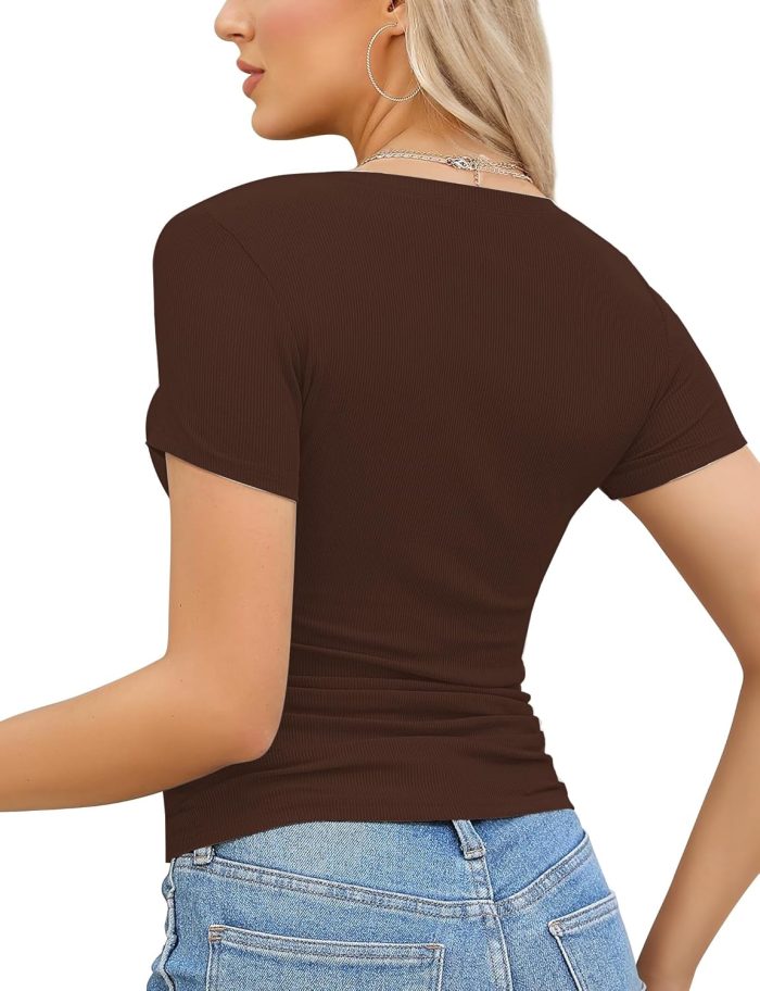 Women's Tops V Neck Shirts Short Sleeve Tshirt Fitted Basic Tees Summer Tunic Ribbed Sexy Clothes Casual Cute - Image 2