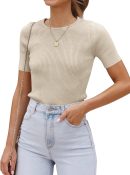 Women's Short Sleeve Crewneck T Shirt 2025 Summer Ribbed Knit Slim Fit Basic Solid Color Tee Tops