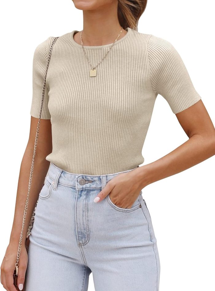 Women's Short Sleeve Crewneck T Shirt 2025 Summer Ribbed Knit Slim Fit Basic Solid Color Tee Tops