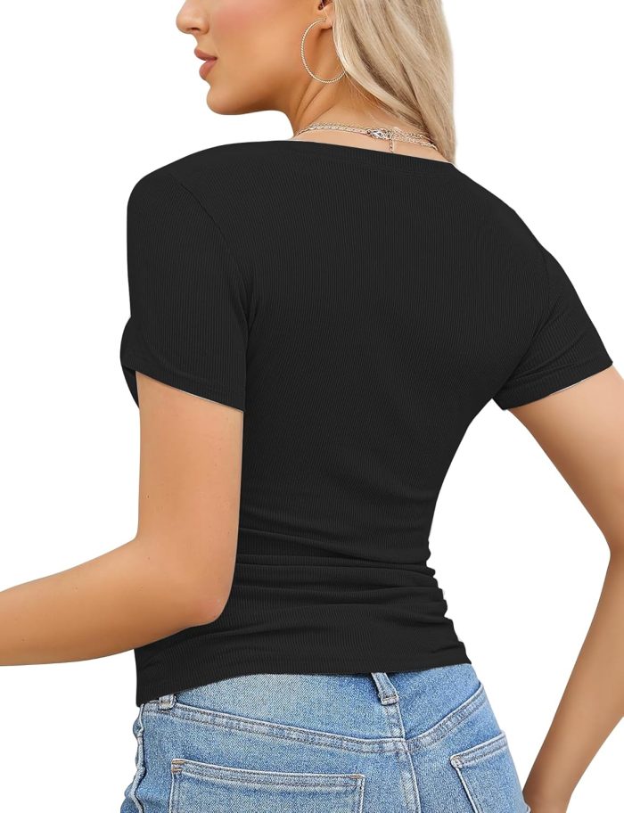 Women's Tops V Neck Shirts Short Sleeve Tshirt Fitted Basic Tees Summer Tunic Ribbed Sexy Clothes Casual Cute