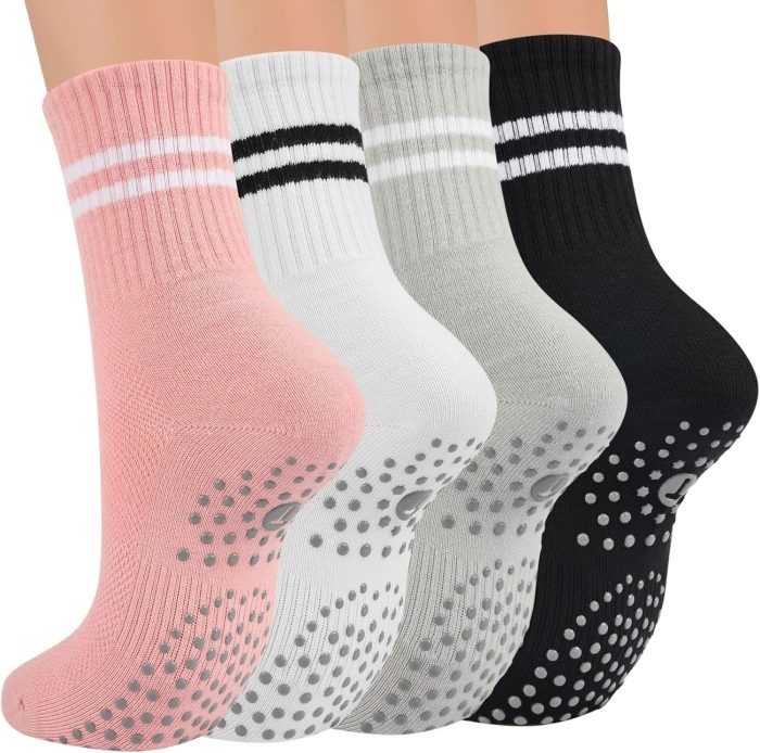 Pilates Socks for Women with Non Slip Grippers, Yoga Crew Socks for  Sticky Slipper Socks 4 Pairs