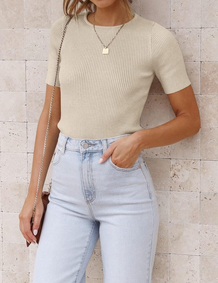 Women's Short Sleeve Crewneck T Shirt 2025 Summer Ribbed Knit Slim Fit Basic Solid Color Tee Tops - Image 2