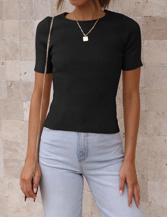 Women's Short Sleeve Crewneck T Shirt 2025 Summer Ribbed Knit Slim Fit Basic Solid Color Tee Tops - Image 2