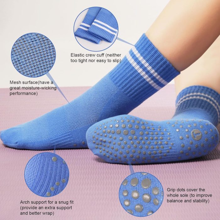 Pilates Socks for Women with Non Slip Grippers, Yoga Crew Socks for  Sticky Slipper Socks 4 Pairs - Image 2
